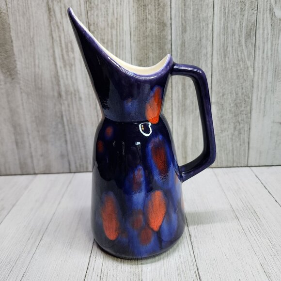 Vintage Raku Style Pottery Pitcher Jug Ceramic Purple Glazed 8'' Tall - Picture 1 of 9